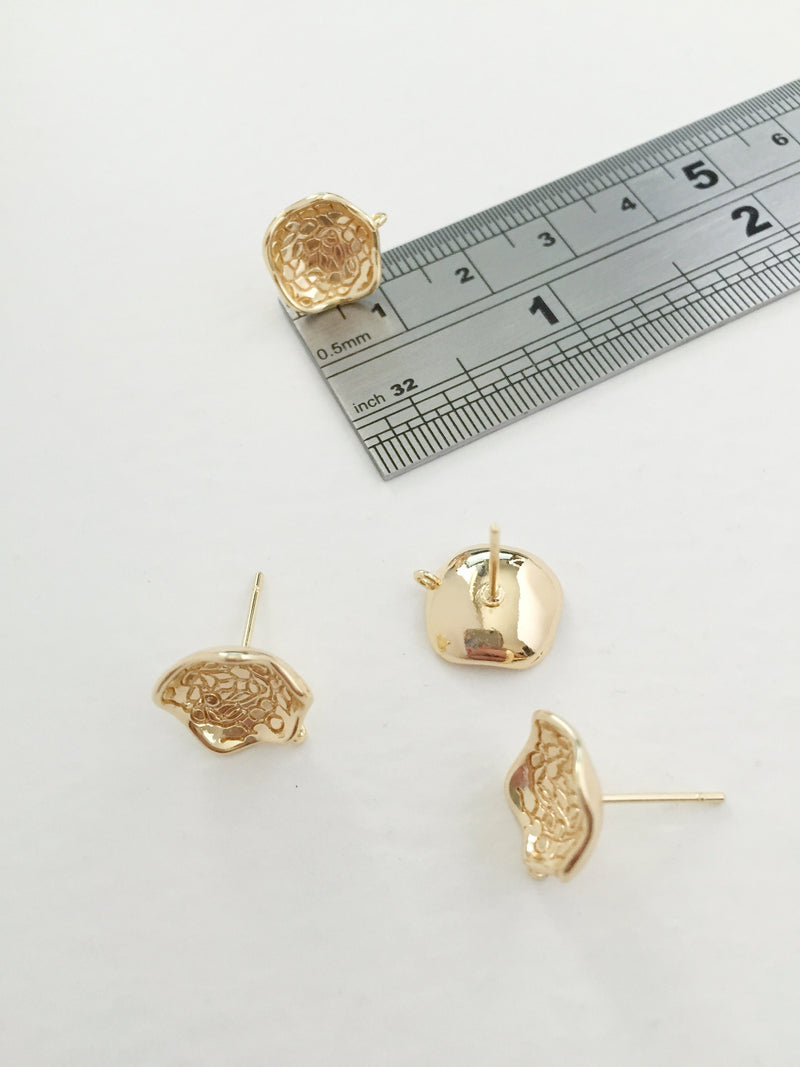 1 pair x 18K Gold Plated Textured Organic Earring Studs with Loops (0817)