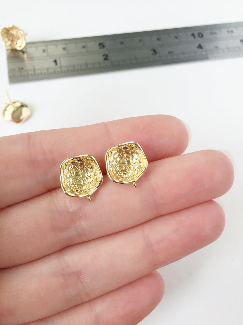 1 pair x 18K Gold Plated Textured Organic Earring Studs with Loops (0817)