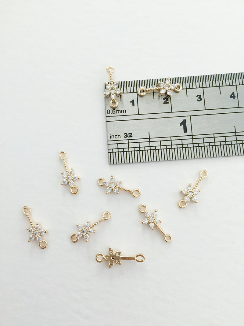 2 x 24K Gold Plated Cubic Zirconia Flower Bar Connectors, 14x6mm (0012)