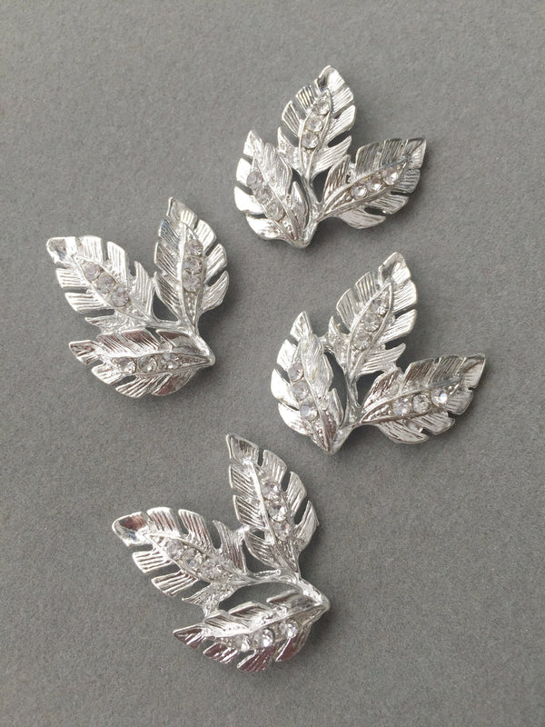 2 x Silver Crystal Leaf Embellishments, 28x25mm