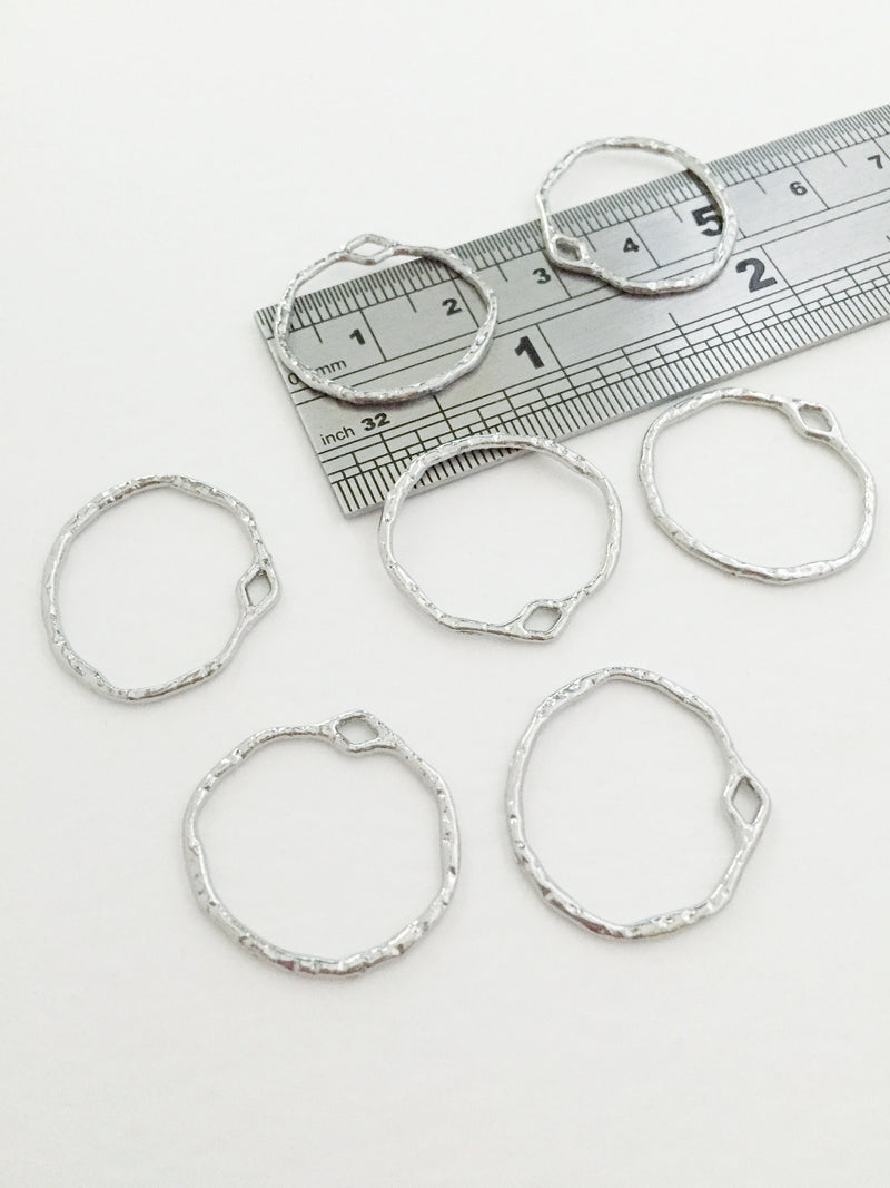 6 x Platinum Plated Textured Circle Connectors, 23mm Silver Open Bezel Pendants (0631)