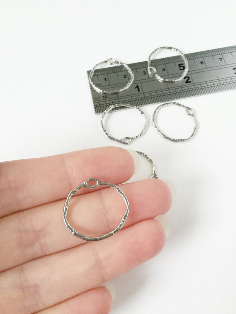 6 x Platinum Plated Textured Circle Connectors, 23mm Silver Open Bezel Pendants (0631)