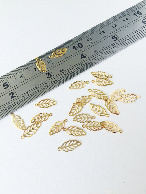 10 x Tiny Gold Plated Stainless Steel Leaf Charms, 13.5x5.5mm (0060)