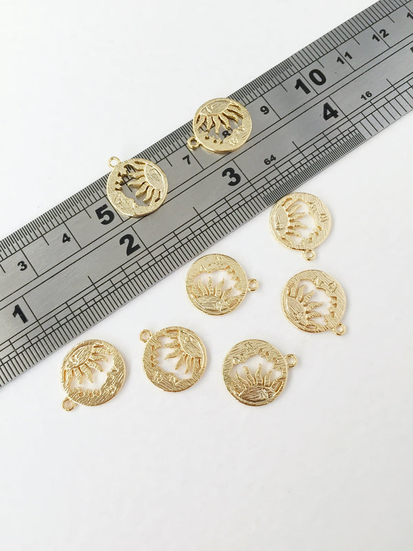 2 x 18K Gold Plated Sun and Moon Charms, 15x13mm (0101)