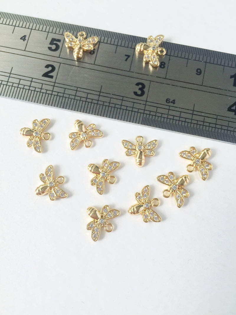 2x 24K Gold Plated Tiny Bee Charm with Cubic Zirconia, 9x10mm (0268)