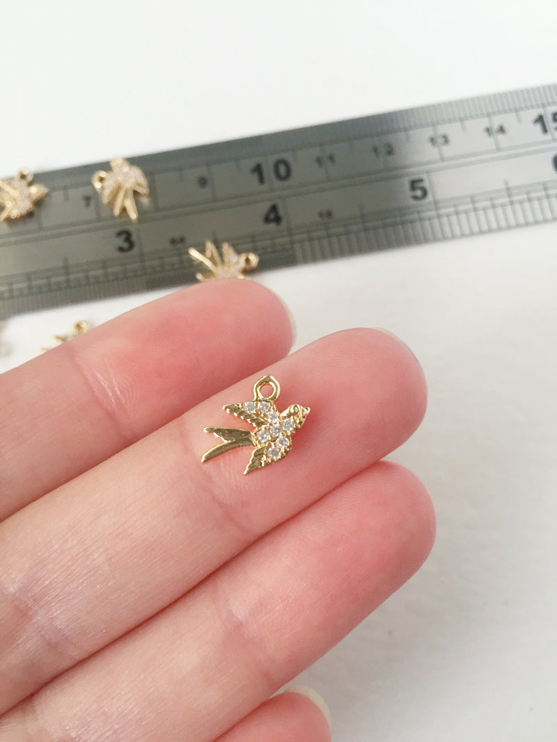 2 x 24K Gold Plated Tiny Swallow Pendants with Cubic Zirconia, 13x10mm (0259)