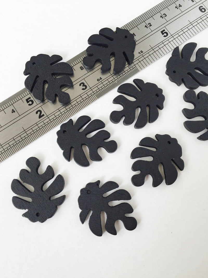 10 x Black Wood Monstera Leaf Pendants, 30x25mm