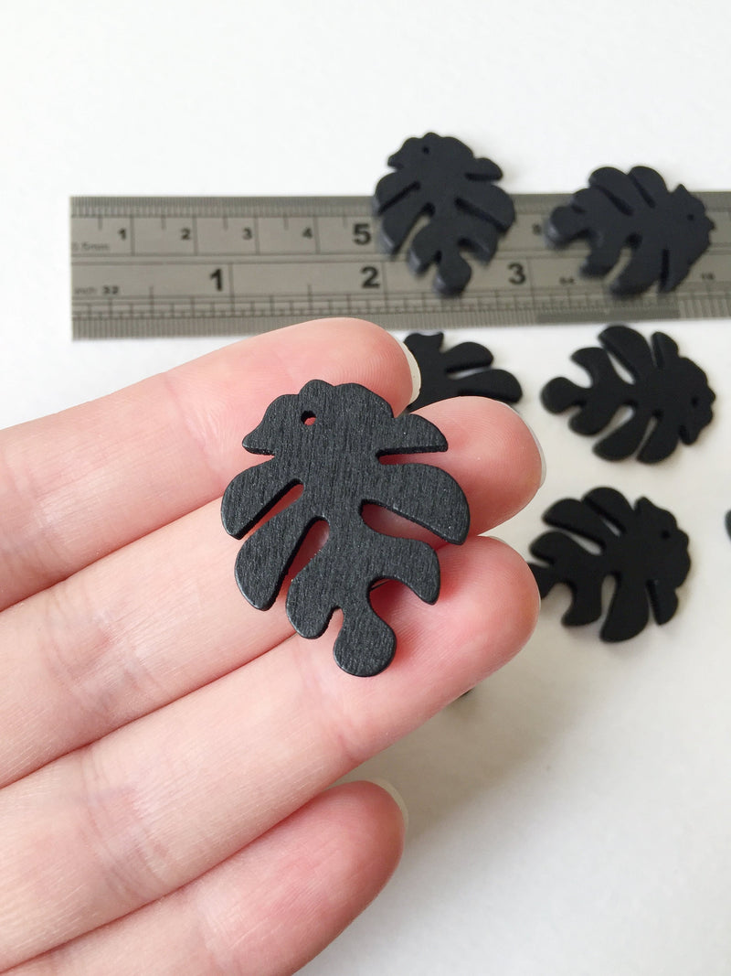 10 x Black Wood Monstera Leaf Pendants, 30x25mm