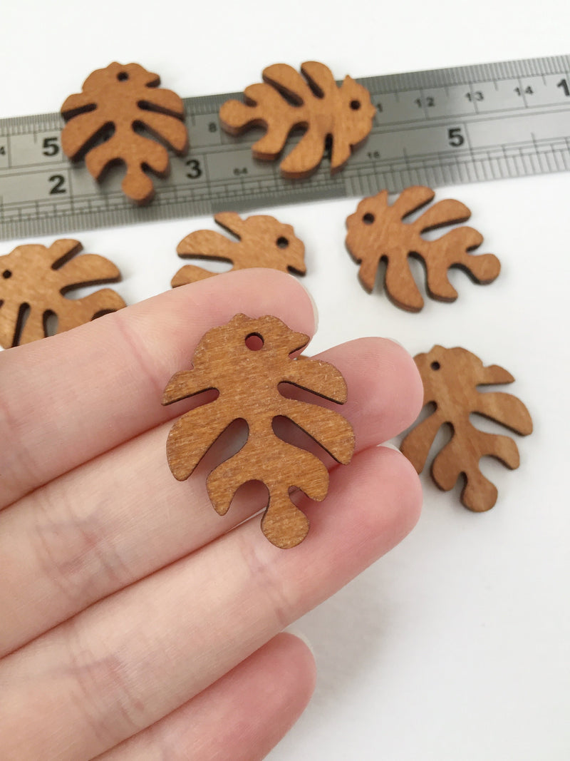 10 x Caramel Brown Wood Monstera Leaf Pendants, 30x25mm