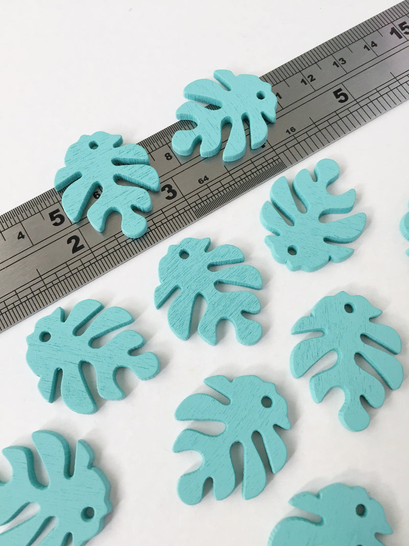 10 x Sky Blue Wood Monstera Pendants, Leaf Earring Charms 30x25mm (3699)