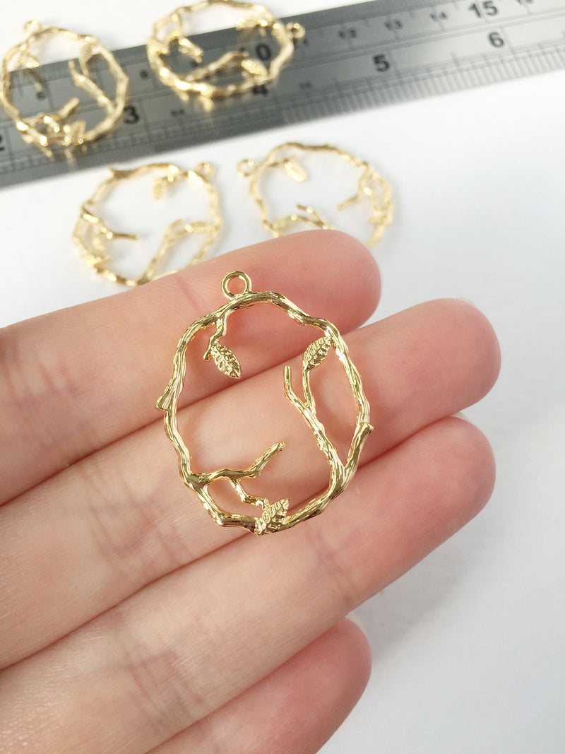 2 x 18K Gold Plated Branch Hoop Connectors, 25x32mm Gold Vine Pendants (0300)