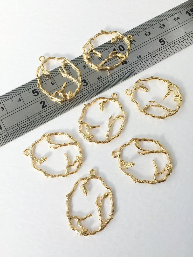 2 x 18K Gold Plated Branch Hoop Connectors, 25x32mm Gold Vine Pendants (0300)