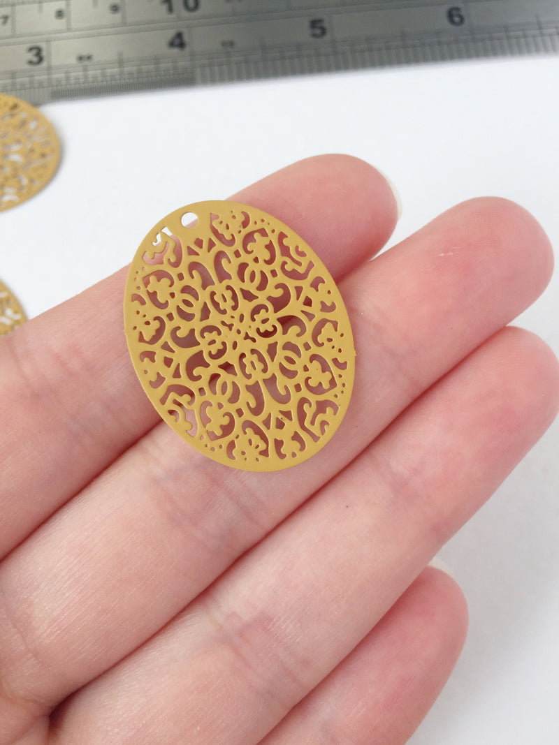 2 x Ochre Spray Painted Oval Filigree Pendants, 30x24mm (0315)