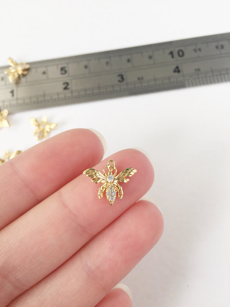 1 x 18K Gold Plated Detailed Bee Charm with Cubic Zirconia, 13x15mm (0262)