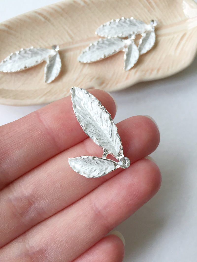 4 x Enamelled Silver Leaf Embellishment with Crystal, 31x20mm