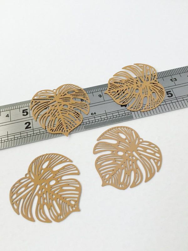 2 x Light Brown Spray Painted Monstera Leaf Pendants, 32x32mm (0478)