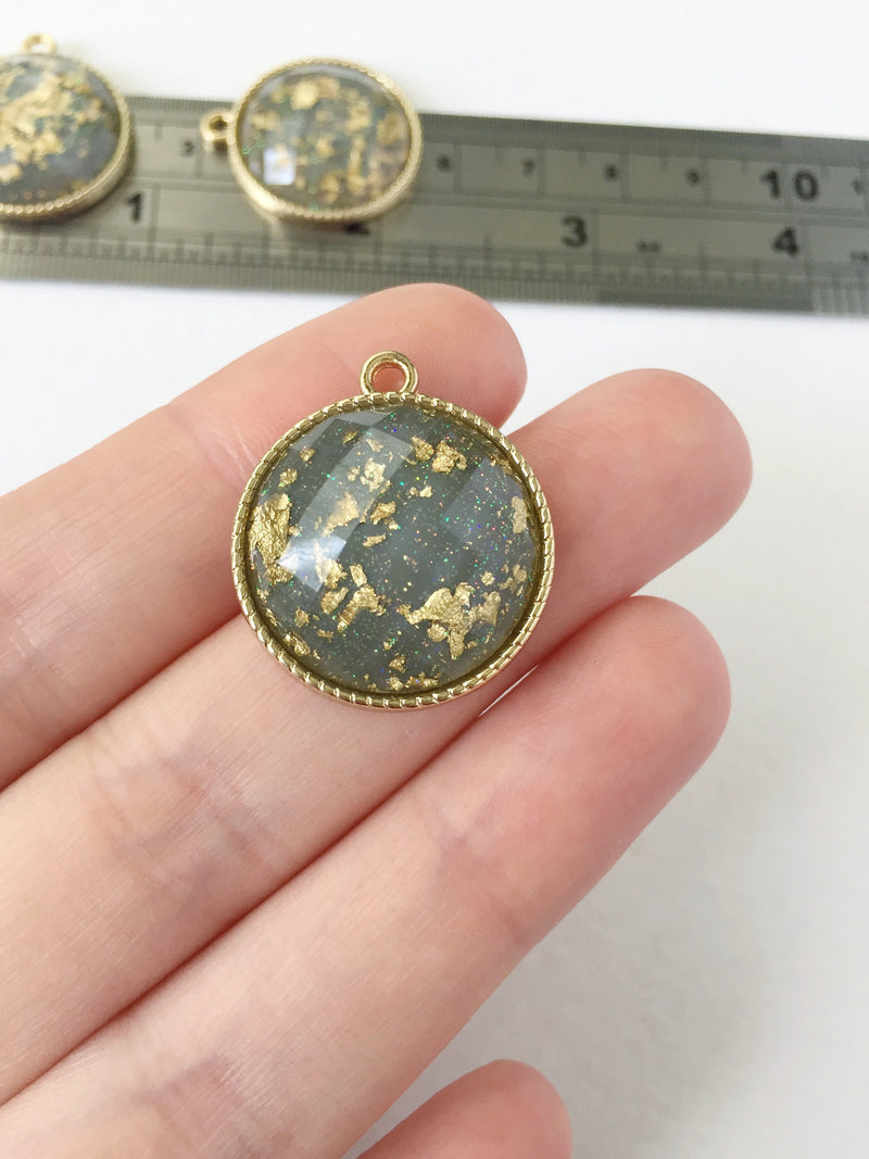 2 x Gold Plated Round Resin Pendants with Gold Flakes and Glitter, 26x22mm (0772)