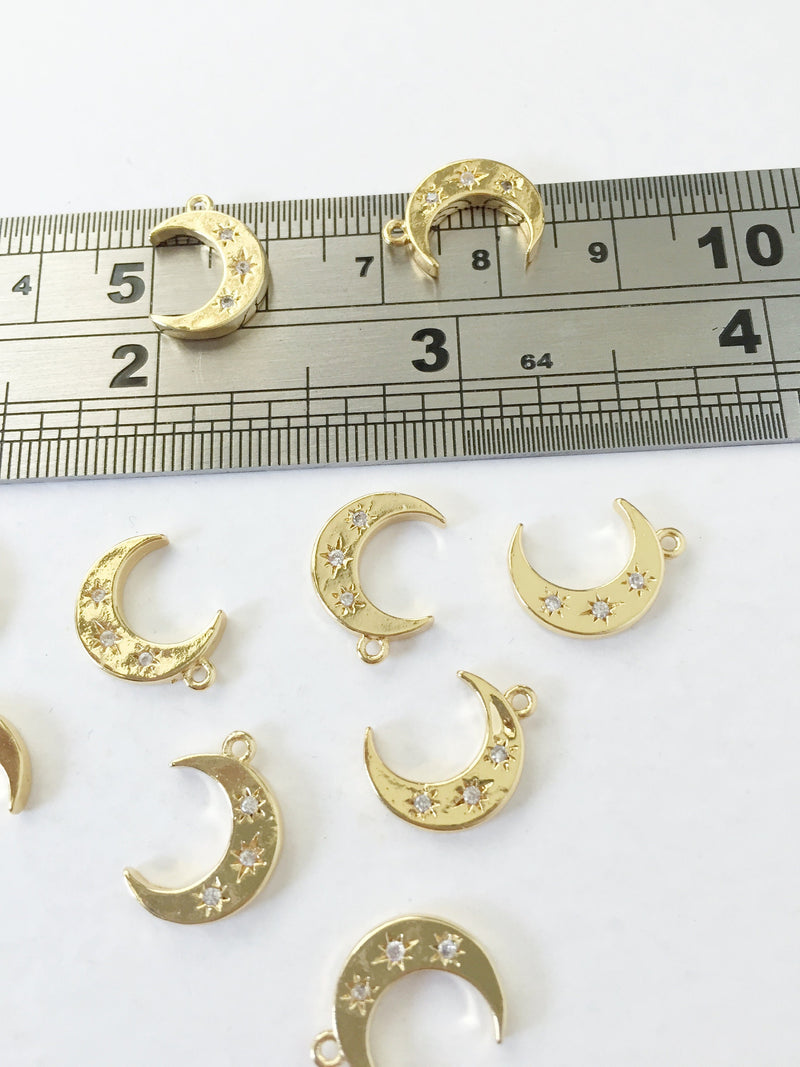 1 x 18K Gold Plated Brass Cubic Zirconia Moon Star Charms, 14x11mm (0284G)