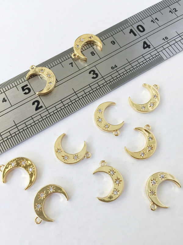 1 x 18K Gold Plated Brass Cubic Zirconia Moon Star Charms, 14x11mm (0284G)