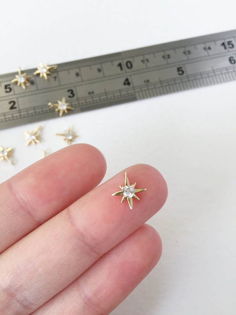 2 x 18K Gold Plated Tiny Star Charms with Cubic Zirconia, 11x9mm (0082)