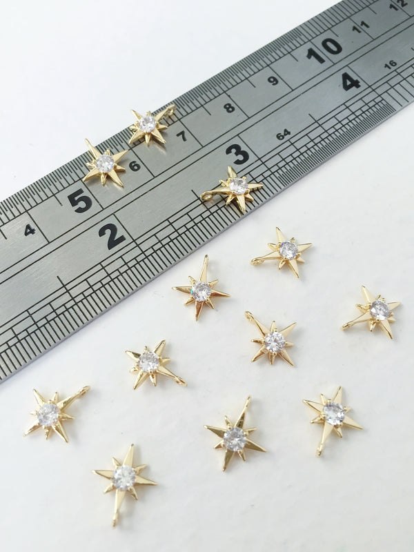 2 x 18K Gold Plated Tiny Star Charms with Cubic Zirconia, 11x9mm (0082)