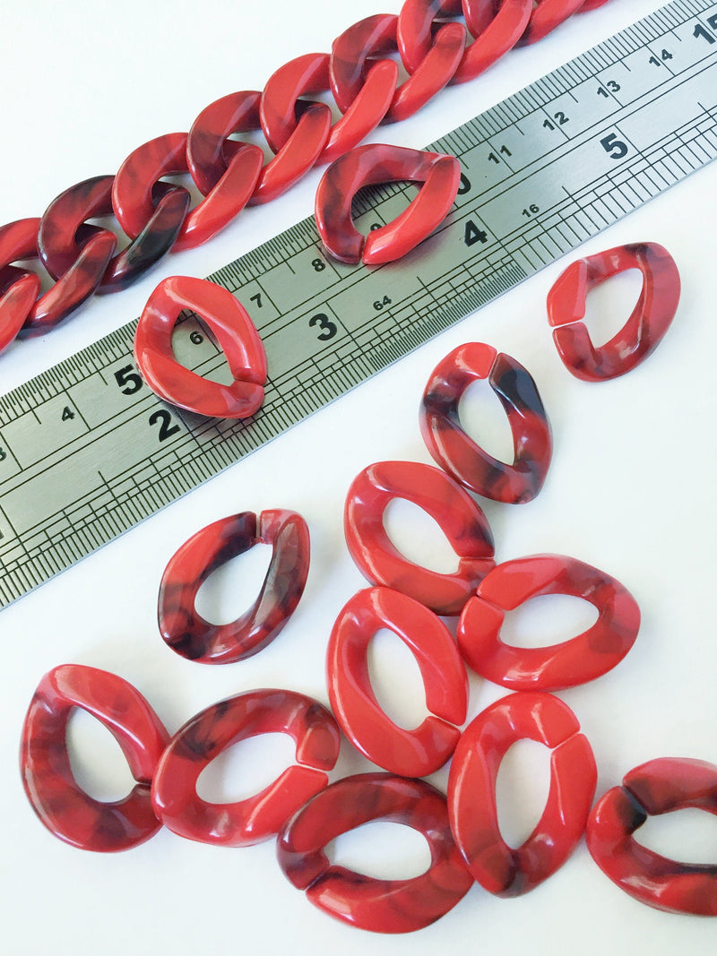 12 x Red marble Effect Acrylic Chain Links, 22x17mm