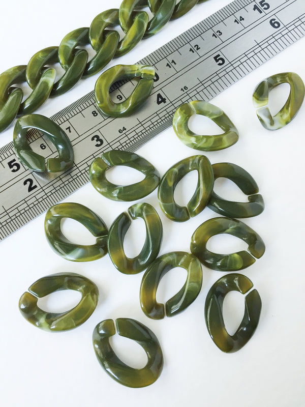 20 x Olive Green Acrylic Chain Links, 22x17mm Tortoise Shell Chain Links