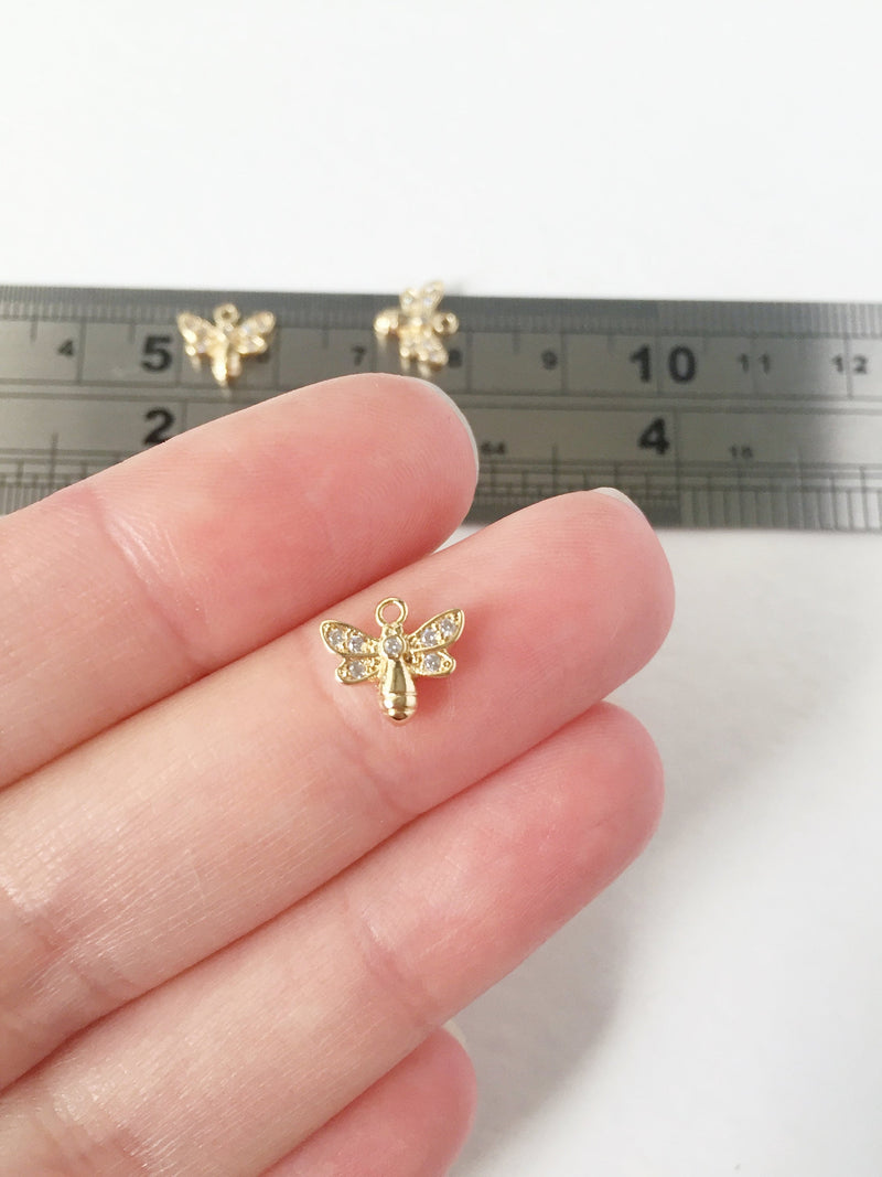 2x 24K Gold Plated Tiny Bee Charm with Cubic Zirconia, 9x10mm (0268)