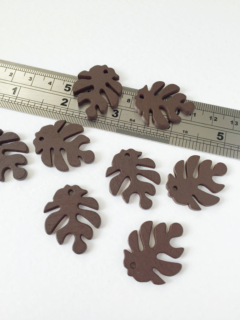 10 x Brown Wood Monstera Leaf Pendants, 30x25mm