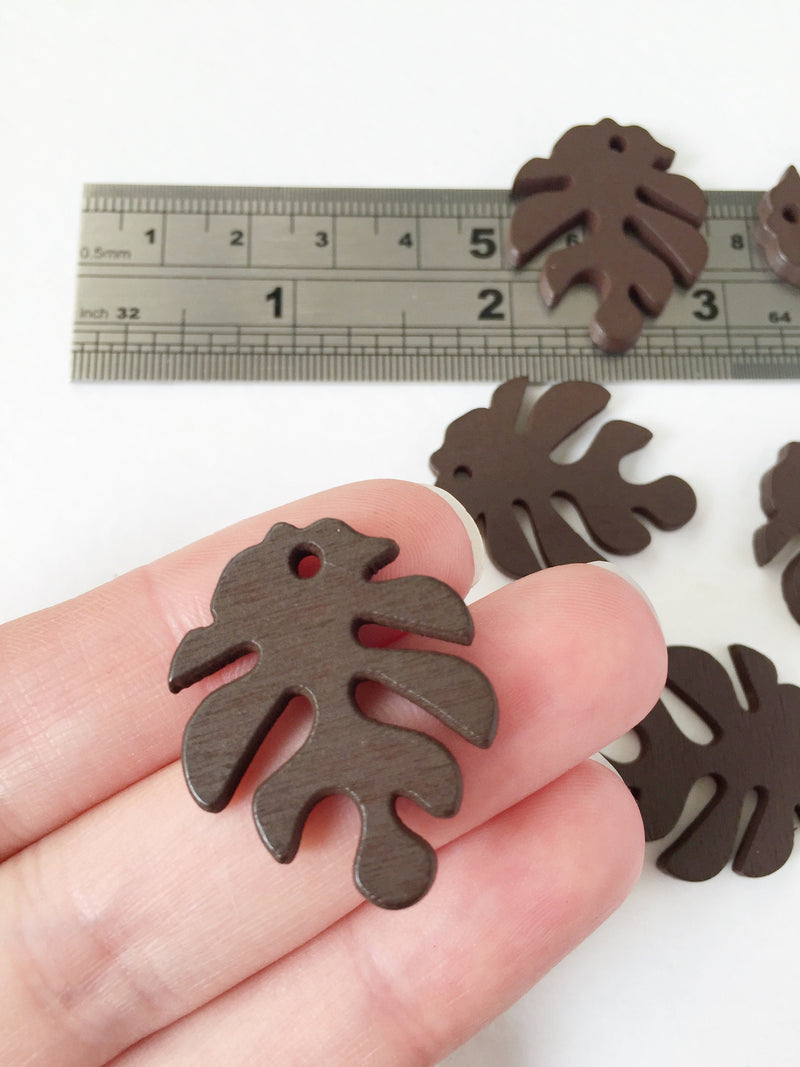 10 x Brown Wood Monstera Leaf Pendants, 30x25mm