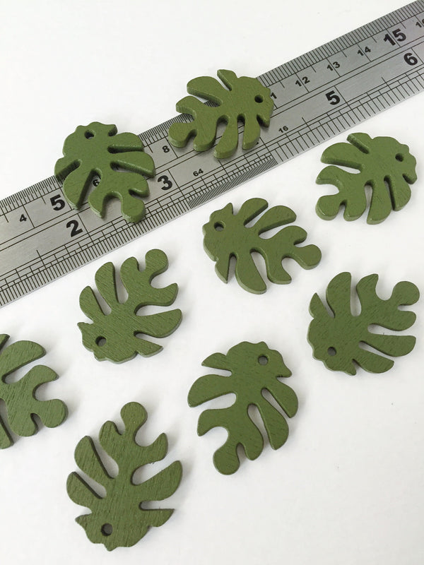 10 x Olive Green Wood Monstera Leaf Pendants, 30x25mm