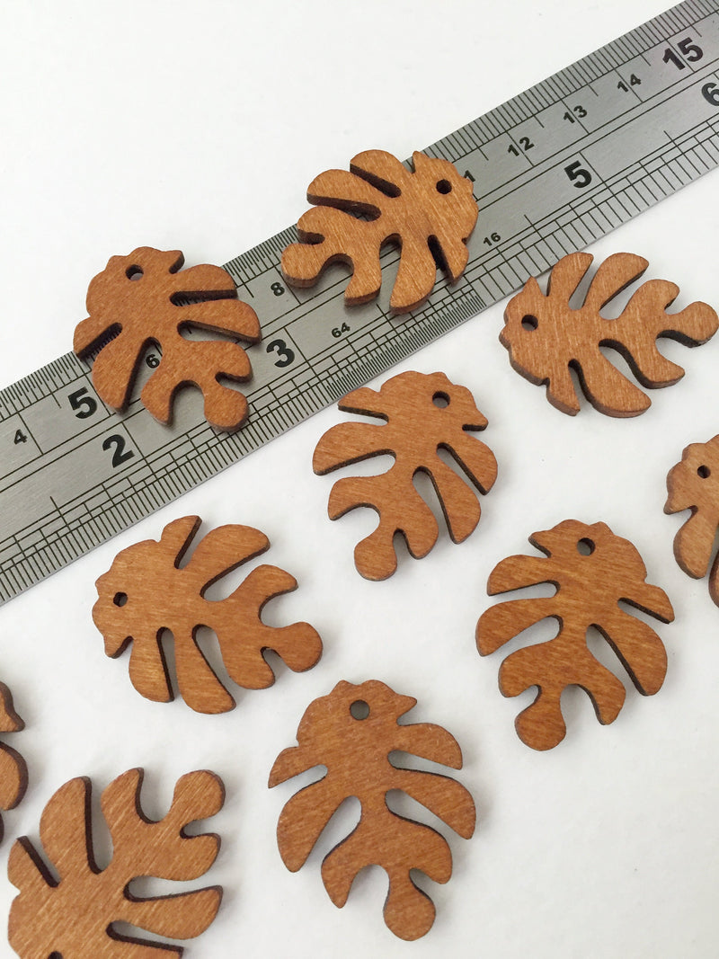 10 x Caramel Brown Wood Monstera Pendants, 30x25mm