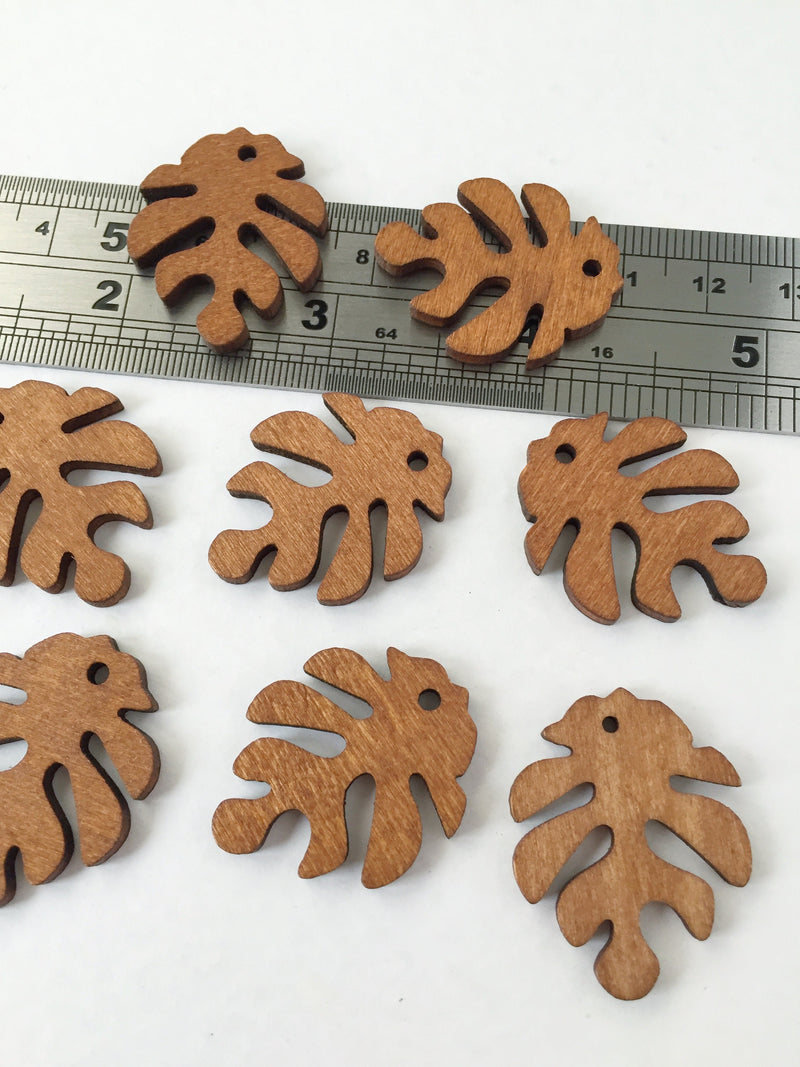 10 x Caramel Brown Wood Monstera Pendants, 30x25mm