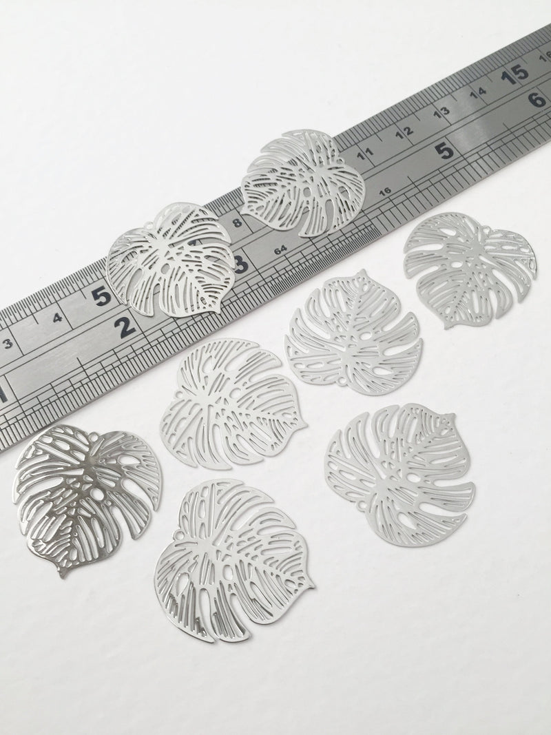 2 x Platinum Plated Monstera Leaf Pendants, 27x27mm (0102)