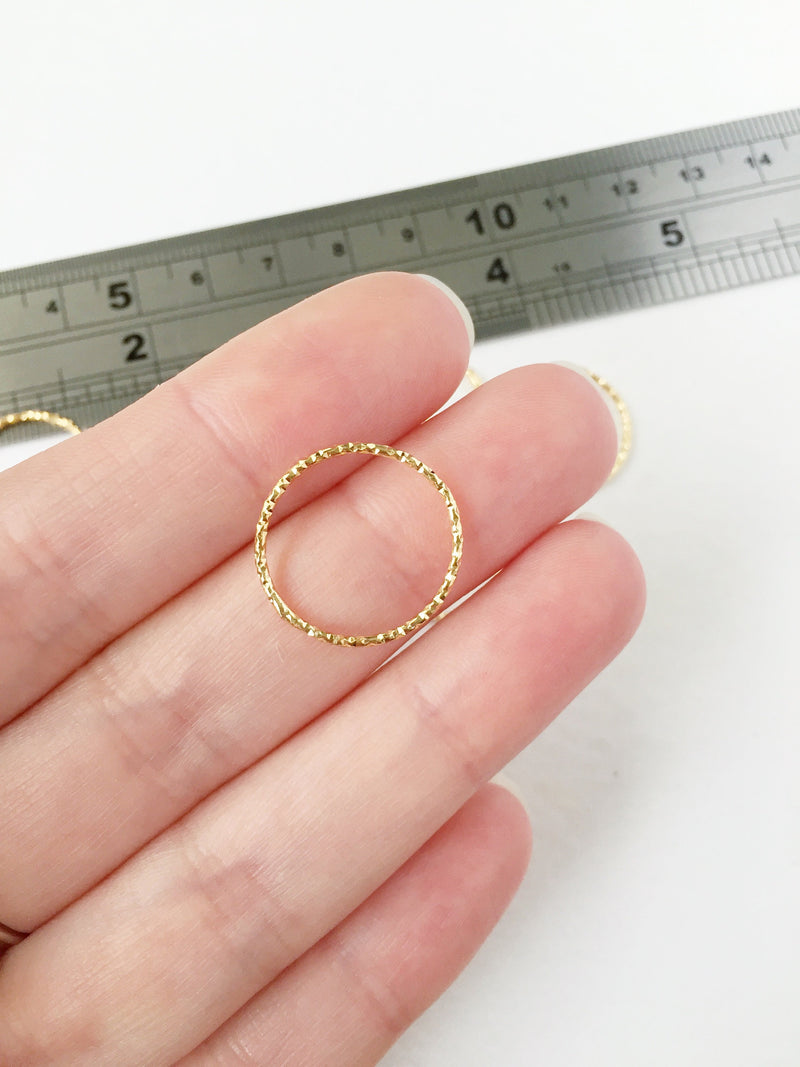 6 x 18K Gold Plated Textured Ring Connectors, 18mm Gold Round Links (0318)