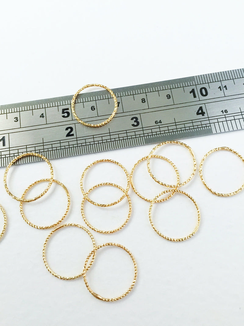 6 x 18K Gold Plated Textured Ring Connectors, 18mm Gold Round Links (0318)