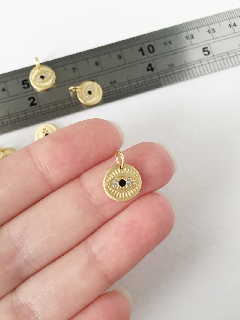 1 x Matte Gold Plated Evil Eye Charms with Cubic Zirconia, 10mm (0254G)