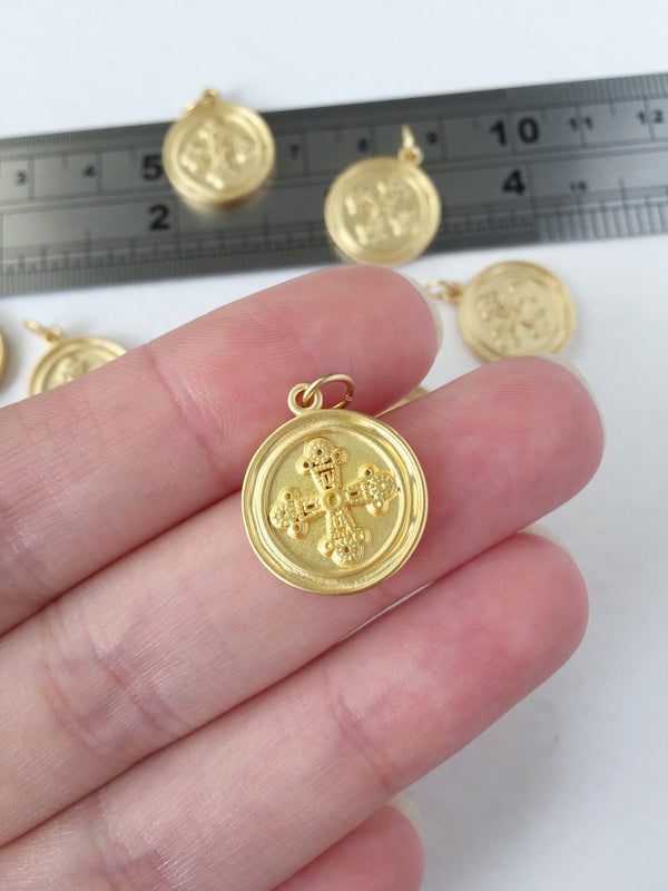 1 x Matte Gold Plated Coin Shaped Cross Charm, 16x18.5mm (0126)