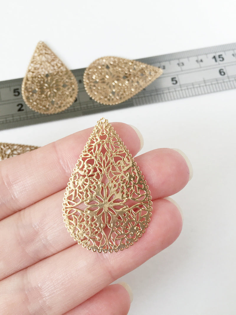 2 x Gold Plated Floral Filigree Teardrop Pendants, 40x26mm (0293)