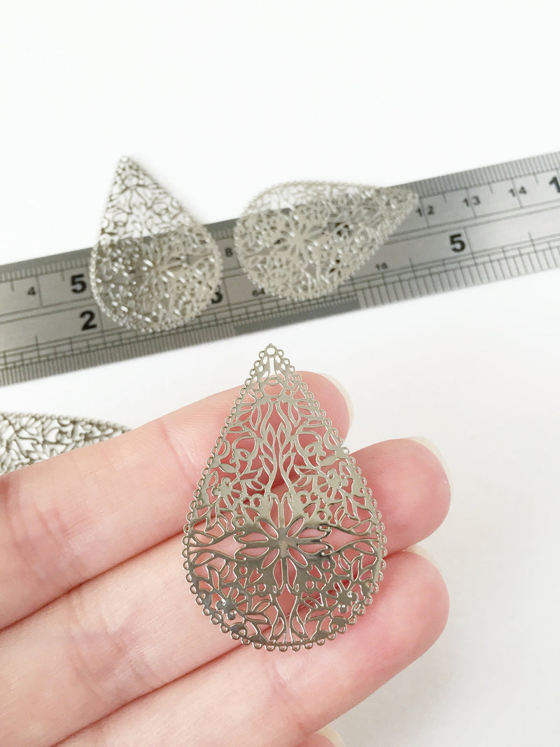 2 x Platinum Plated Floral Filigree Teardrop Pendants, 40x26mm (0294)