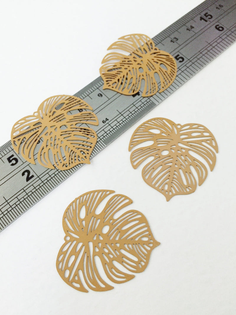 2 x Light Brown Spray Painted Monstera Leaf Pendants, 32x32mm (0478)