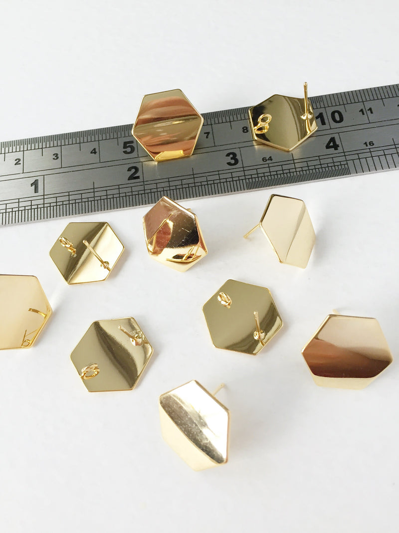 1 pair x 18K Gold Plated Hexagon Earring Studs with Loop (0175)