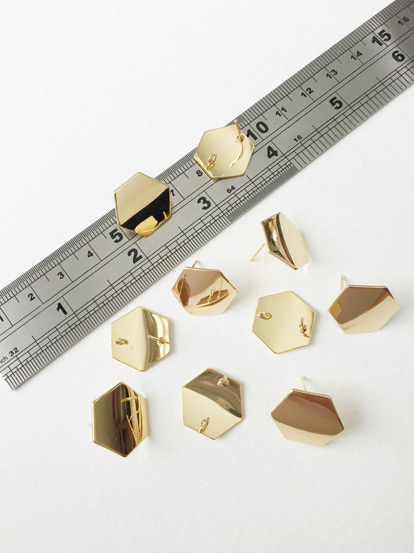 1 pair x 18K Gold Plated Hexagon Earring Studs with Loop (0175)