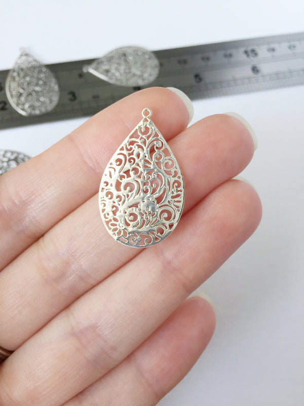 2 x Silver Plated Filigree Drop Pendants, 30x19mm (0466)