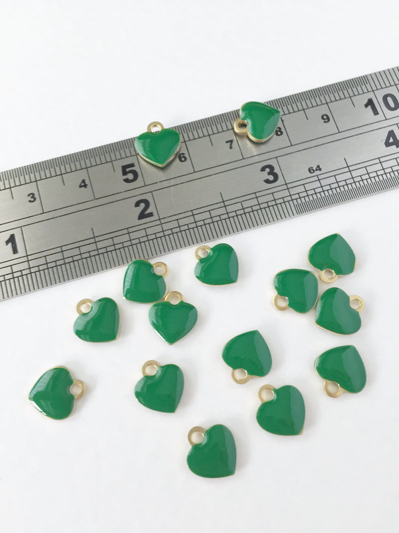 8 x Green Enamel Heart Charms, 9x10mm (0336)