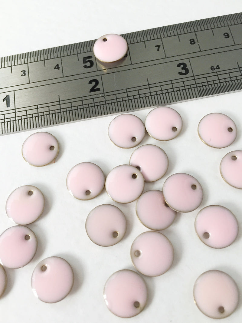 8 x Light Pink Enamelled Brass Sequins, 10mm Coin Charms (0340)