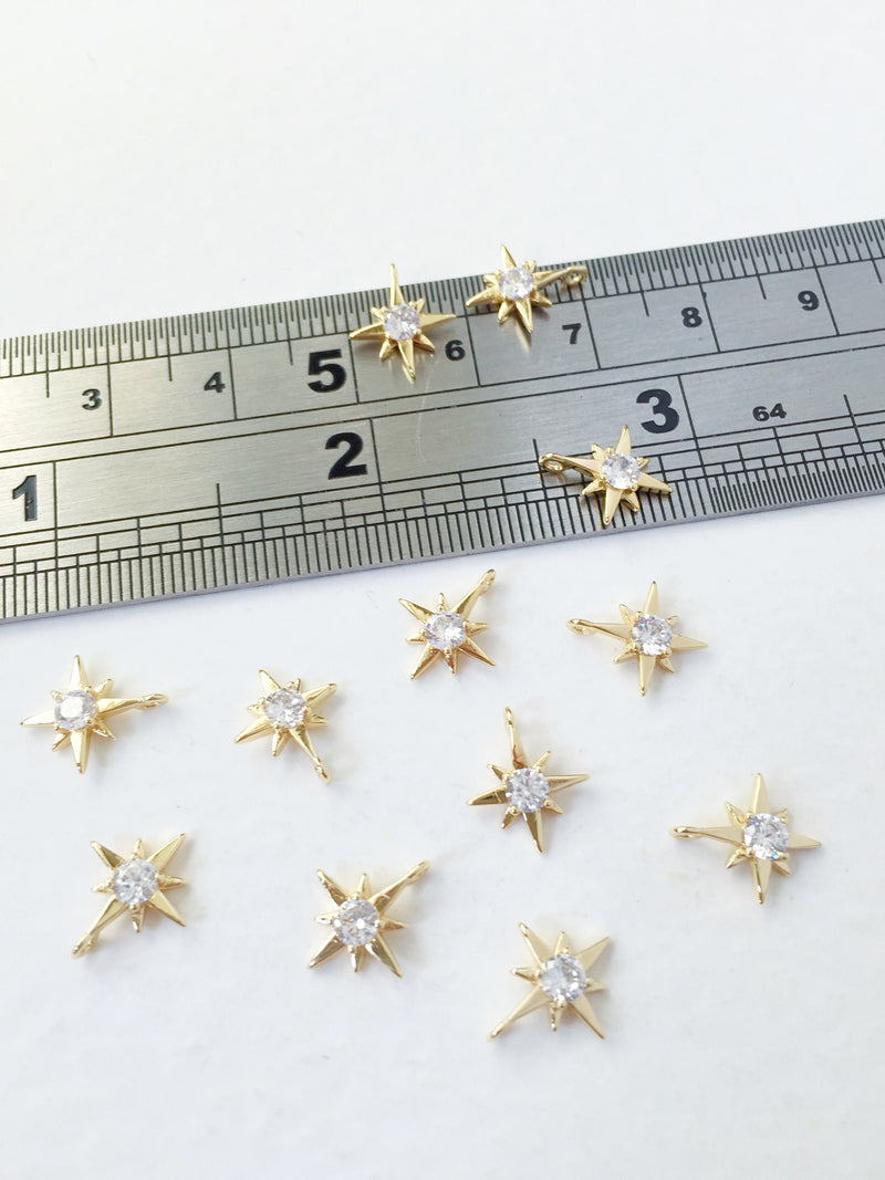 2 x 18K Gold Plated Tiny Star Charms with Cubic Zirconia, 11x9mm (0082)