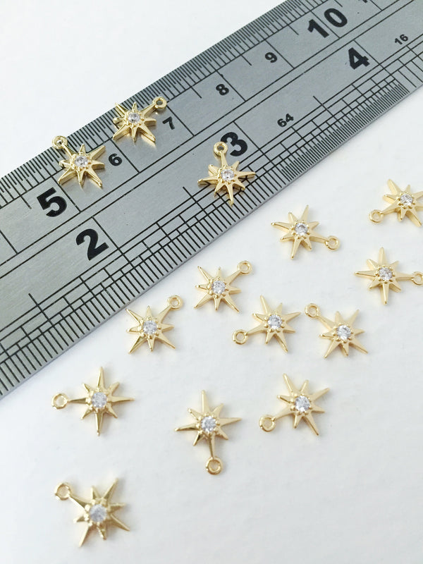 2 x 18K Gold Plated Tiny Star Charms with Cubic Zirconia, 10x9mm (0077)