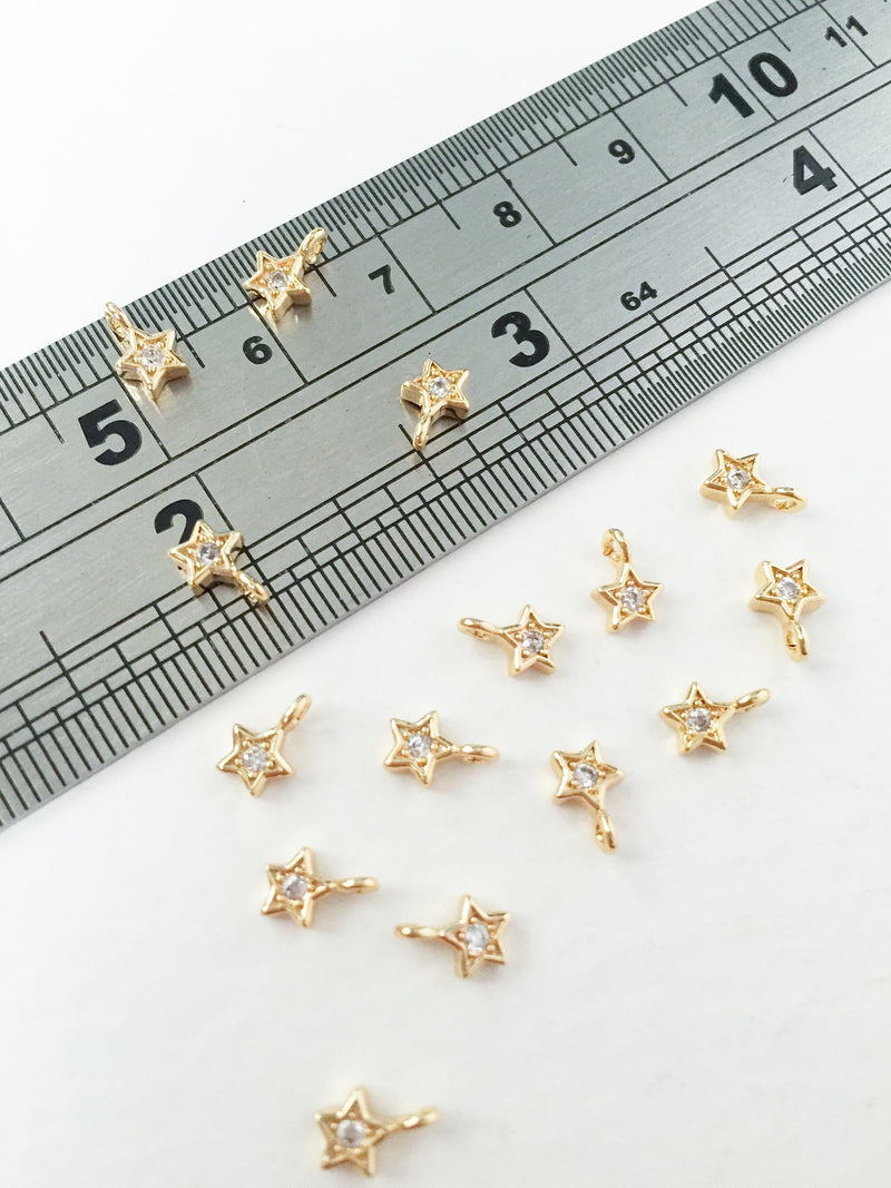 2 x 18K Gold Plated Teeny Tiny Star Charms with Cubic Zirconia, 7x5mm (0090)