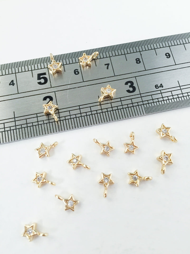 2 x 18K Gold Plated Teeny Tiny Star Charms with Cubic Zirconia, 7x5mm (0090)